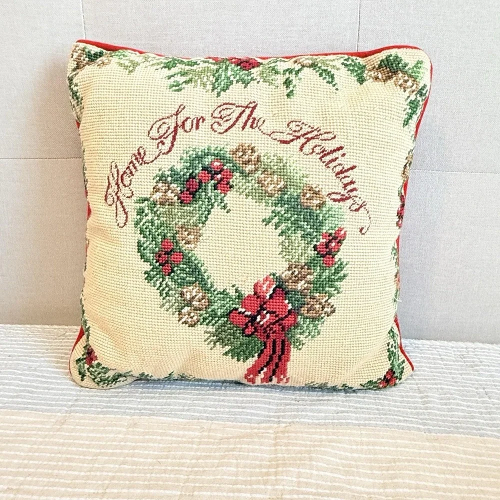 Vintage Handmade Needlepoint Christmas Pillow Home For The Holidays 13x13